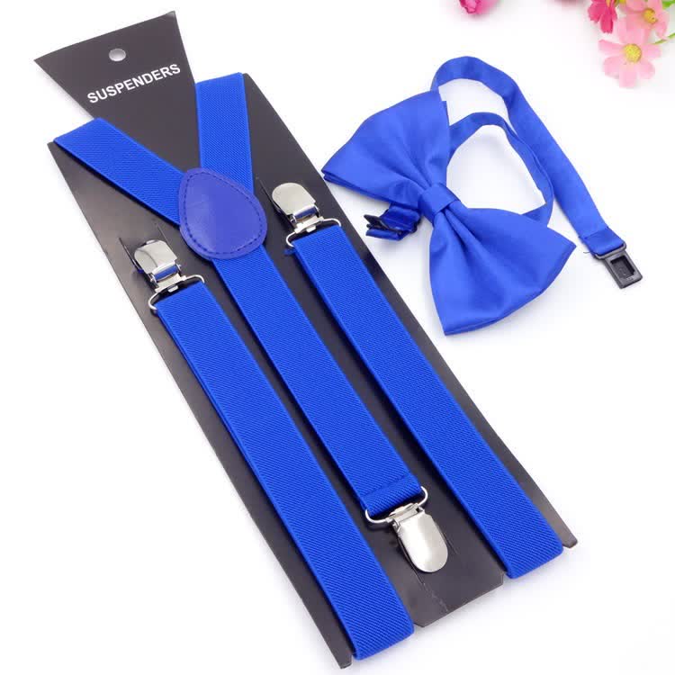 2Pcs Solid Color Bow Tie 3-Clips Adjustable Suspenders Set - Royal - image 16