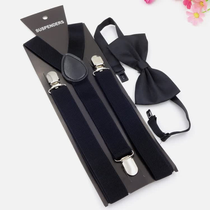 2Pcs Solid Color Bow Tie 3-Clips Adjustable Suspenders Set - Black - image 0