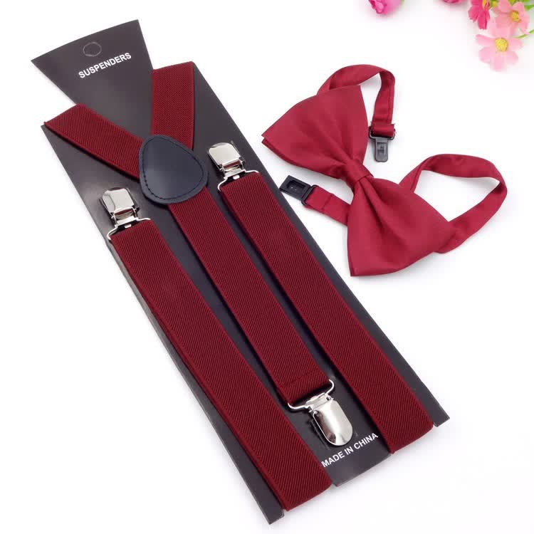 2Pcs Solid Color Bow Tie 3-Clips Adjustable Suspenders Set - Burgundy - image 13