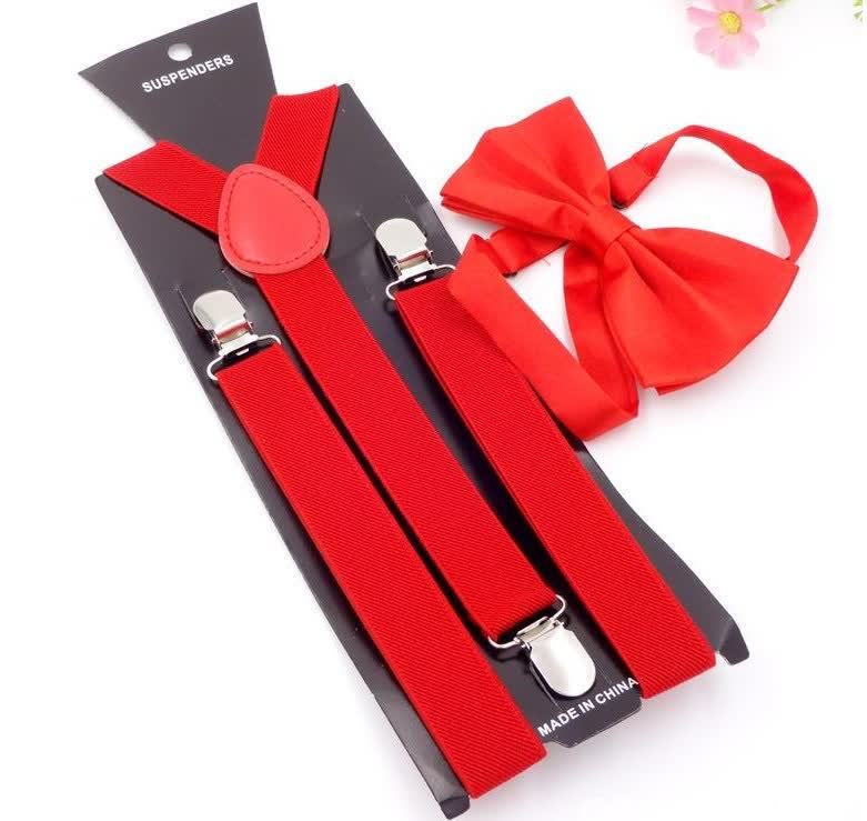 2Pcs Solid Color Bow Tie 3-Clips Adjustable Suspenders Set - Red - image 1