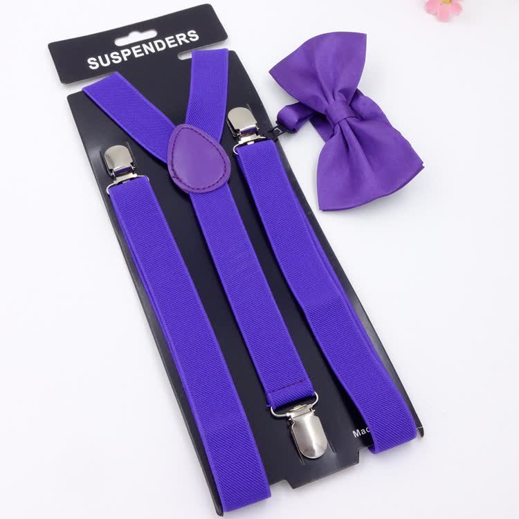 2Pcs Solid Color Bow Tie 3-Clips Adjustable Suspenders Set - Purple - image 4