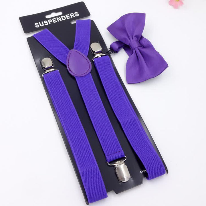 2Pcs Solid Color Bow Tie 3-Clips Adjustable Suspenders Set - Purple - image 4