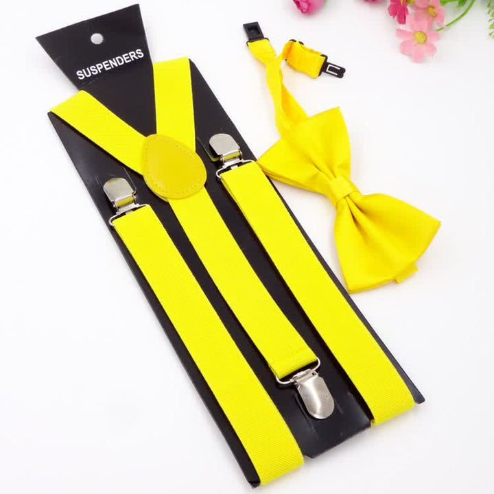 2Pcs Solid Color Bow Tie 3-Clips Adjustable Suspenders Set - Yellow - image 2