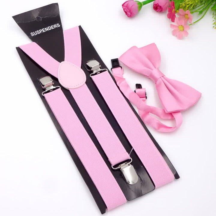 2Pcs Solid Color Bow Tie 3-Clips Adjustable Suspenders Set - Pink - image 12