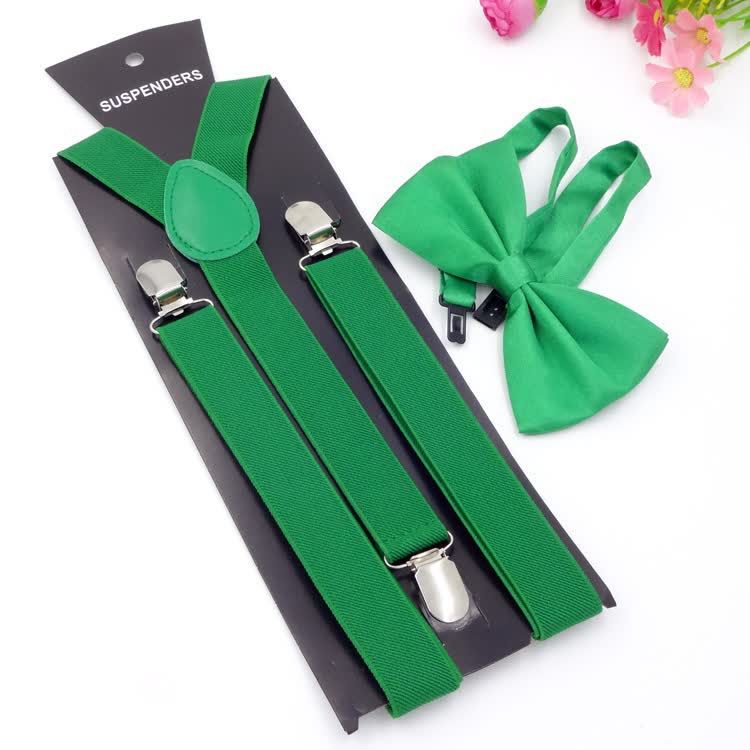 2Pcs Solid Color Bow Tie 3-Clips Adjustable Suspenders Set - Green - image 3