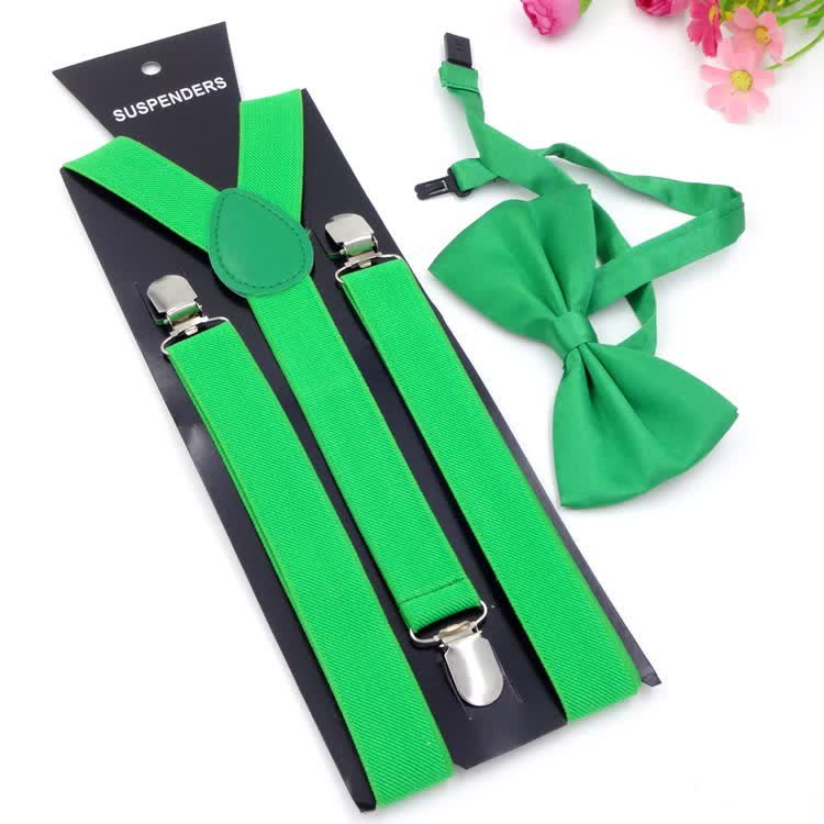 2Pcs Solid Color Bow Tie 3-Clips Adjustable Suspenders Set - LimeGreen - image 15