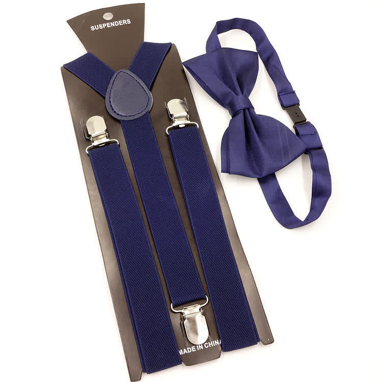 2Pcs Solid Color Bow Tie 3-Clips Adjustable Suspenders Set - Navy - image 14