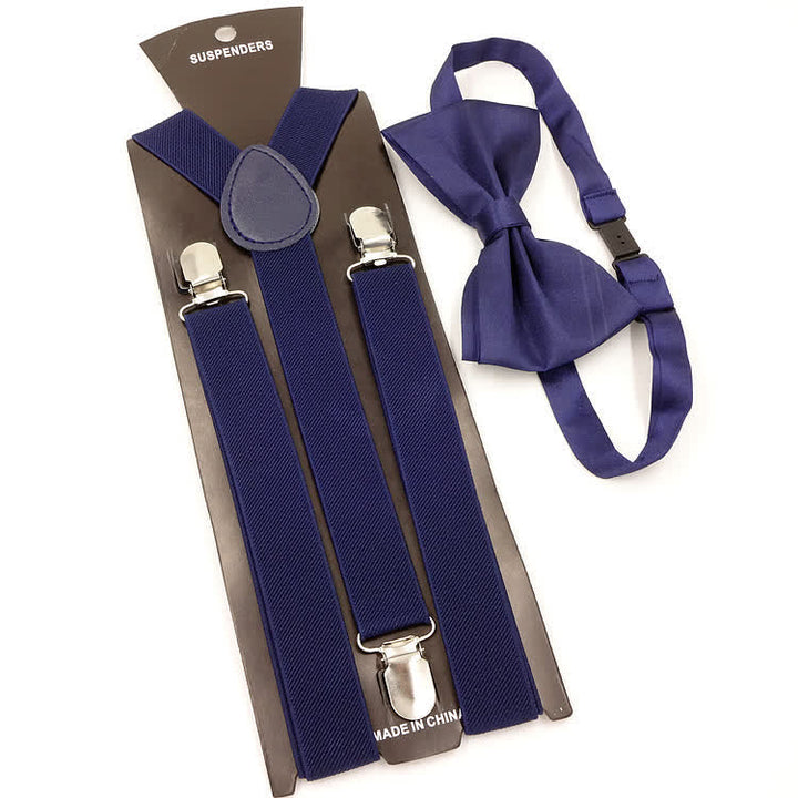 2Pcs Solid Color Bow Tie 3-Clips Adjustable Suspenders Set - Navy - image 14