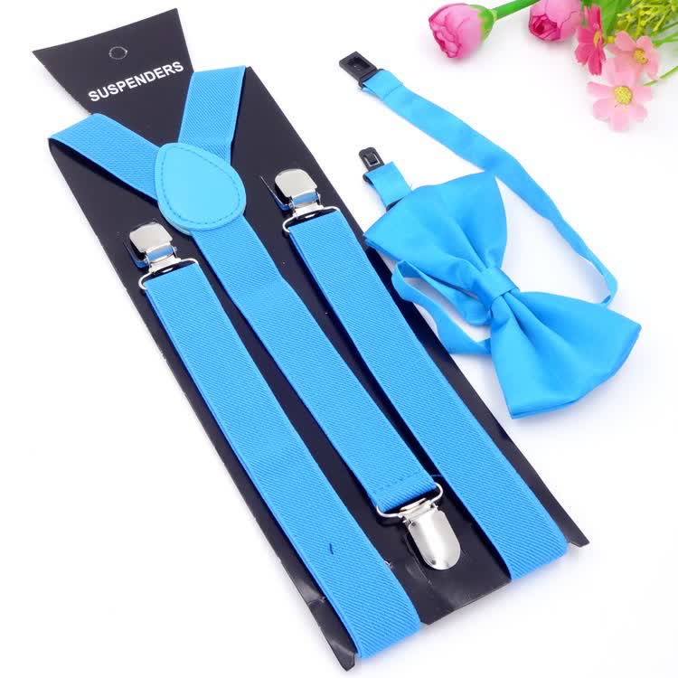 2Pcs Solid Color Bow Tie 3-Clips Adjustable Suspenders Set - Sky Blue - image 10