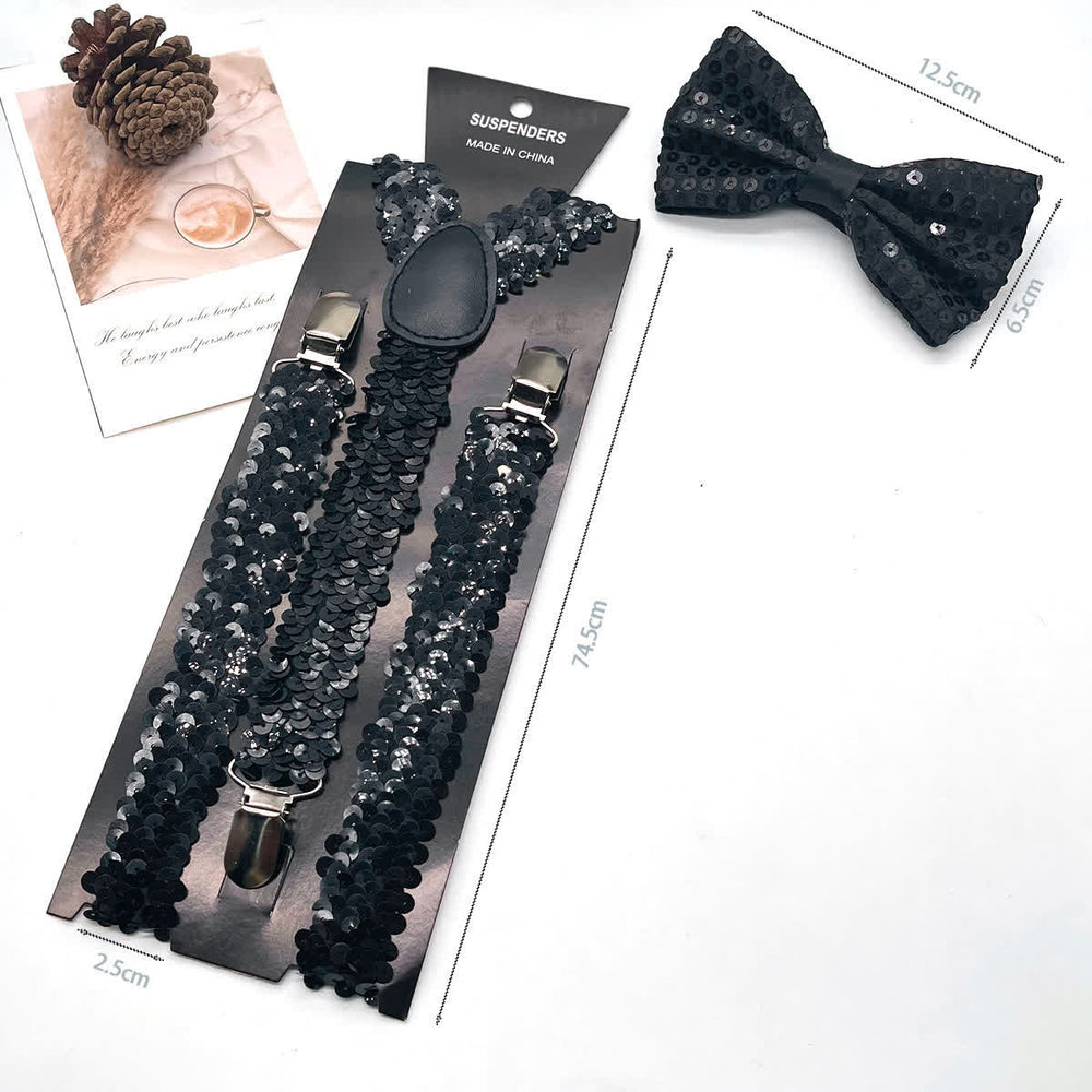 2Pcs Funny Party Sequin Bow Tie 3-Clips Adjustable Suspenders Set - image 1