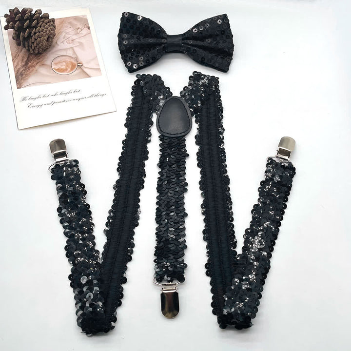 2Pcs Funny Party Sequin Bow Tie 3-Clips Adjustable Suspenders Set - Black - image 2