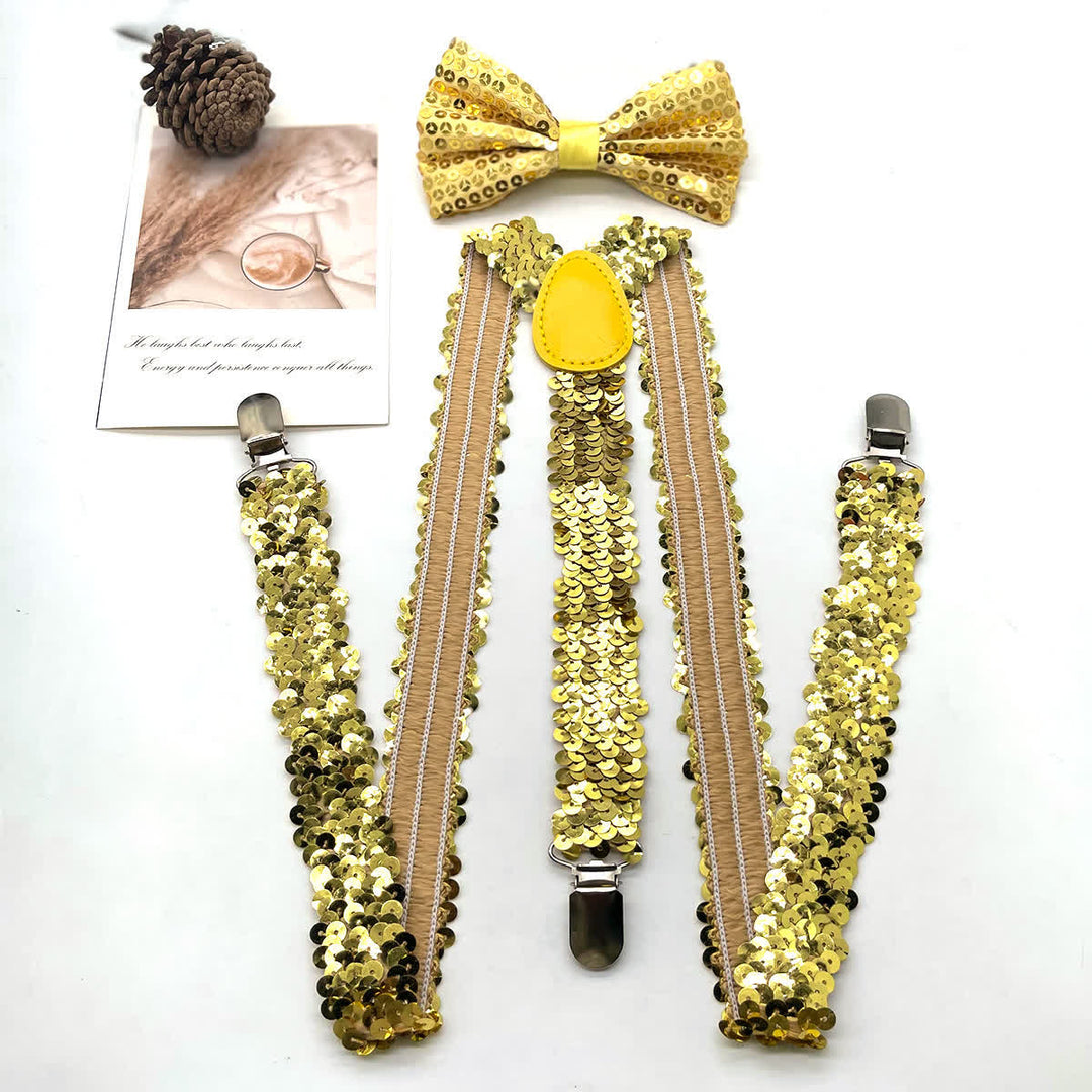 2Pcs Funny Party Sequin Bow Tie 3-Clips Adjustable Suspenders Set - Gold - image 4