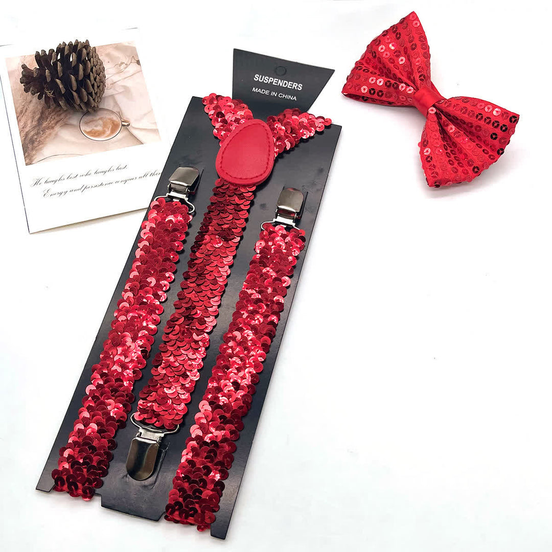 2Pcs Funny Party Sequin Bow Tie 3-Clips Adjustable Suspenders Set - Red - image 3