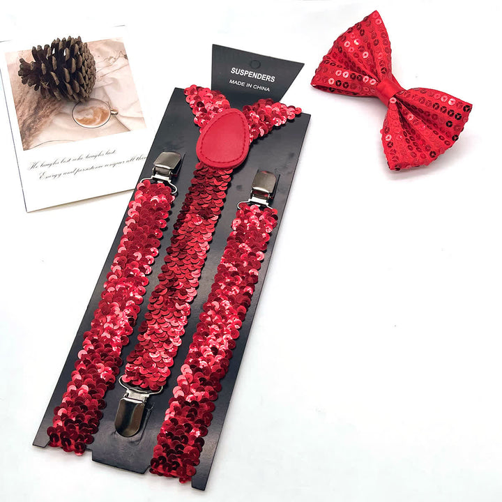 2Pcs Funny Party Sequin Bow Tie 3-Clips Adjustable Suspenders Set - Red - image 3