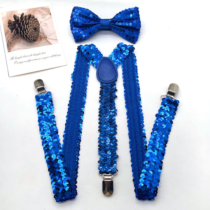 2Pcs Funny Party Sequin Bow Tie 3-Clips Adjustable Suspenders Set - Blue - image 5