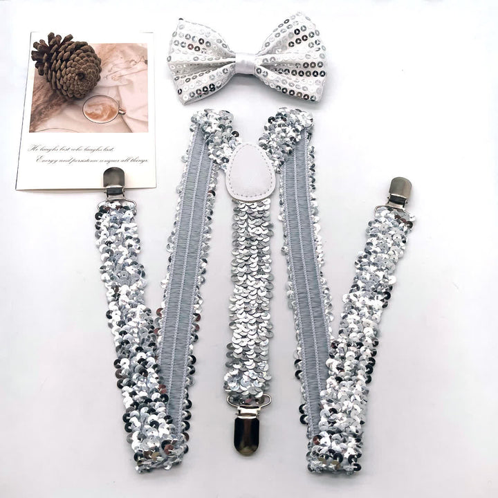 2Pcs Funny Party Sequin Bow Tie 3-Clips Adjustable Suspenders Set - White - image 0