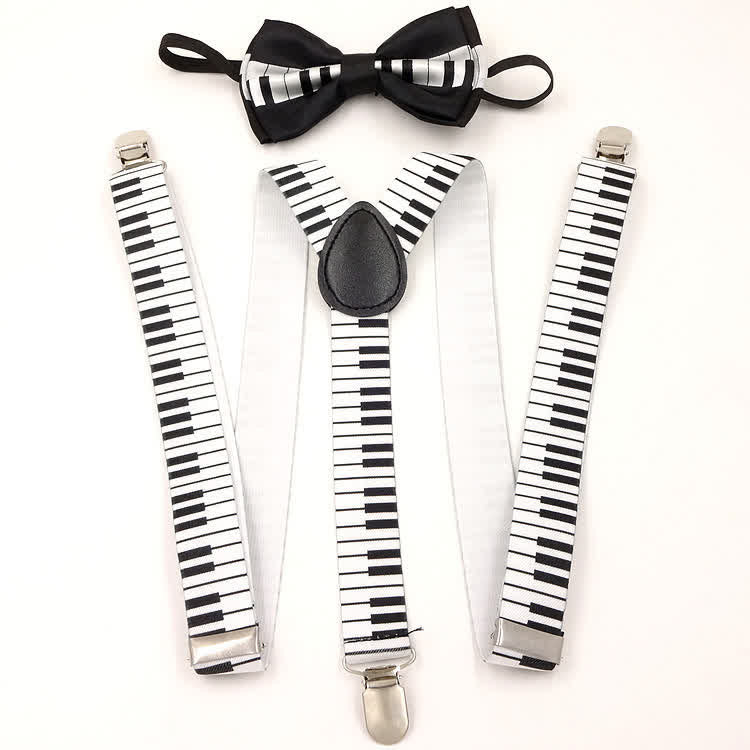 2Pcs Piano Pattern Music Bow Tie 3-Clips Adjustable Suspenders Set - image 1
