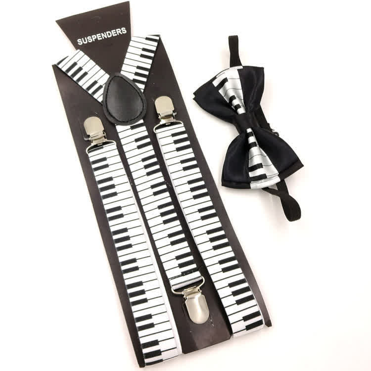 2Pcs Piano Pattern Music Bow Tie 3-Clips Adjustable Suspenders Set - White & Black - image 0