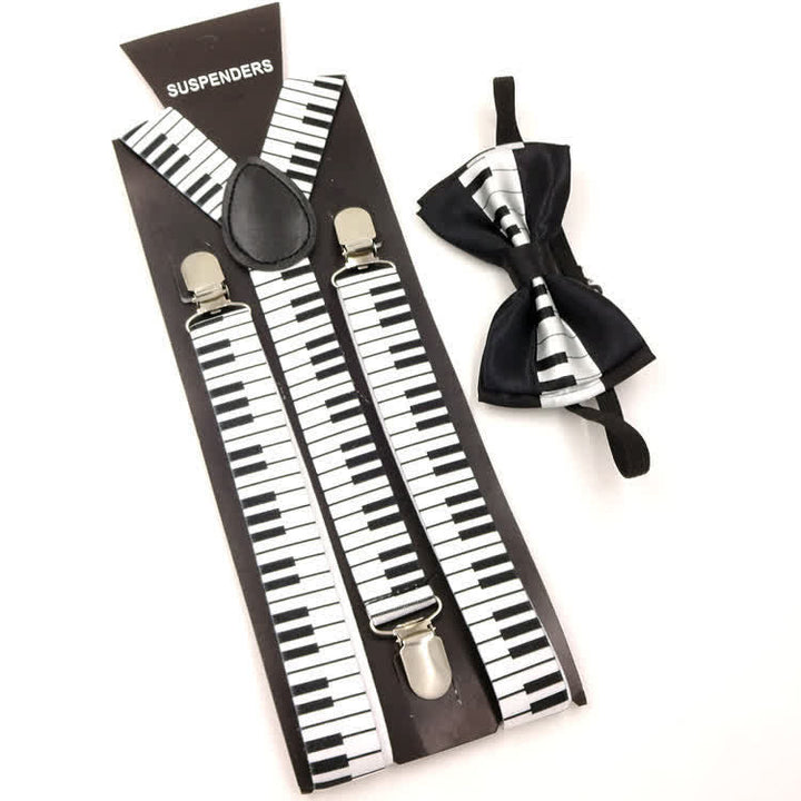 2Pcs Piano Pattern Music Bow Tie 3-Clips Adjustable Suspenders Set - White & Black - image 0