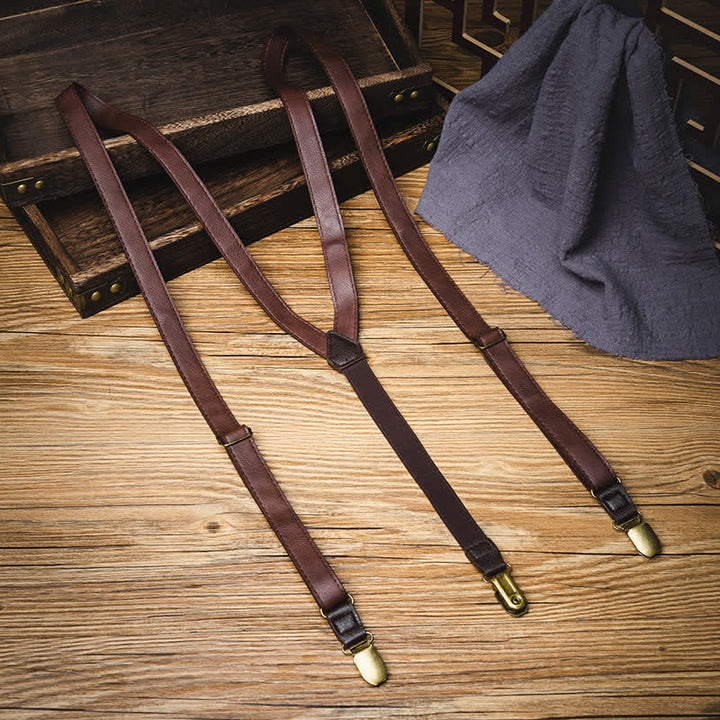 Dark Brown Vintage Adjustable Leather Suspenders - Dark Brown - image 0