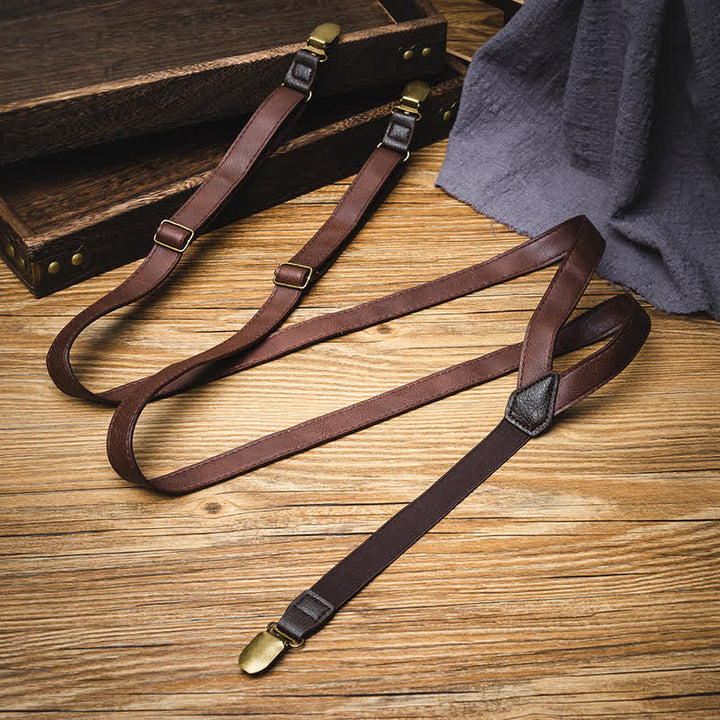 Dark Brown Vintage Adjustable Leather Suspenders - image 2
