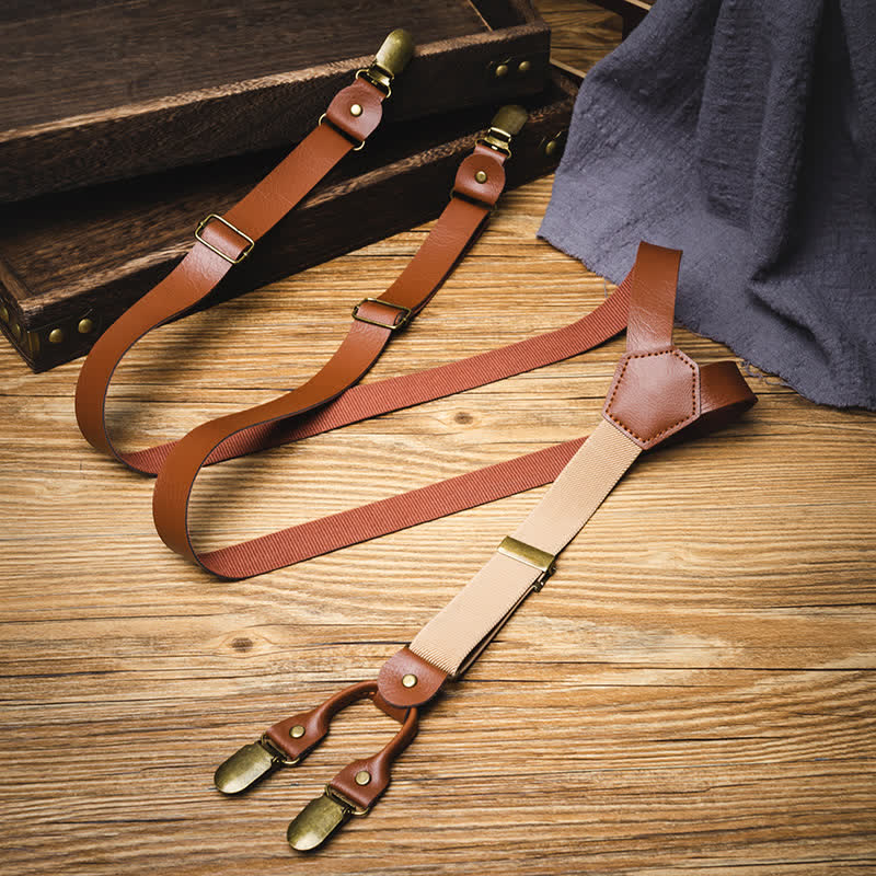 Brown Retro Style Elastic Adjustable Leather Suspenders - image 2
