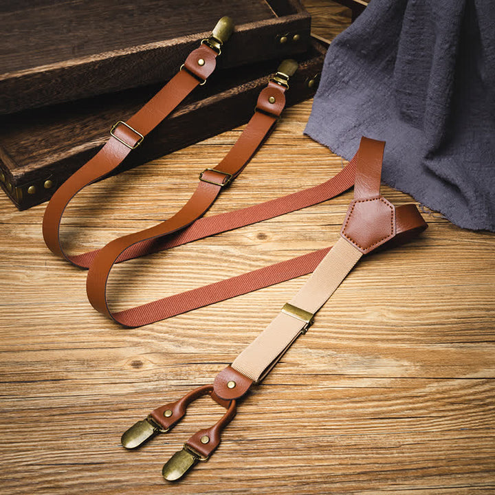 Brown Retro Style Elastic Adjustable Leather Suspenders - image 2