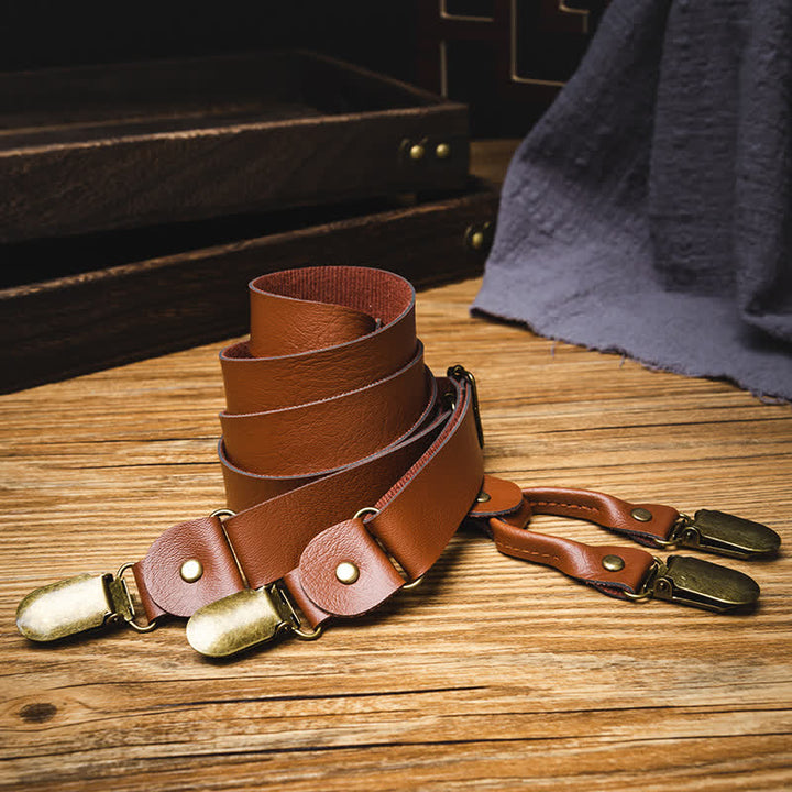 Brown Retro Style Elastic Adjustable Leather Suspenders - image 1
