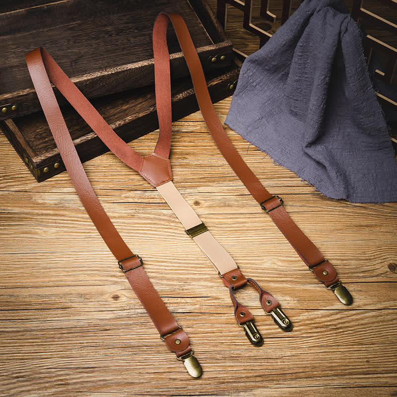 Brown Retro Style Elastic Adjustable Leather Suspenders - Brown - image 0