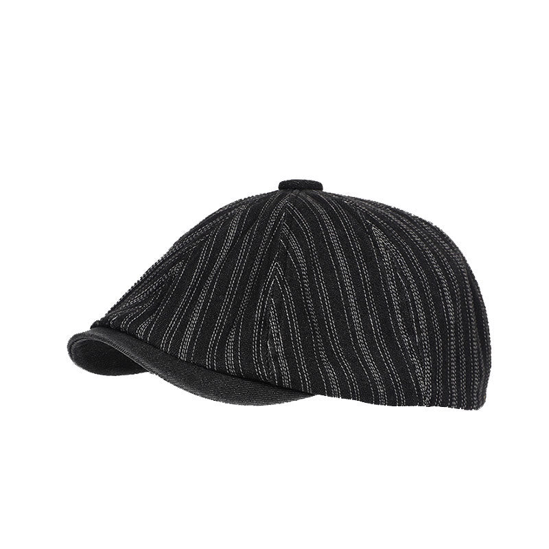 Artist Painter Striped Washed Denim Octagonal Beret Cap - Black - Adjustable (about 21 5/8"-23 5/8") - image 6
