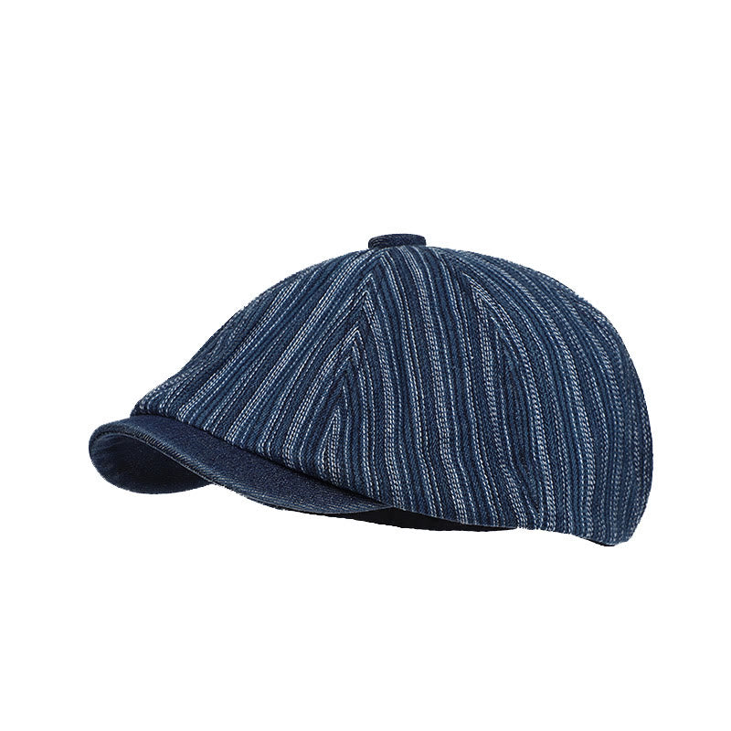 Artist Painter Striped Washed Denim Octagonal Beret Cap - Dark Blue - Adjustable (about 21 5/8"-23 5/8") - image 4