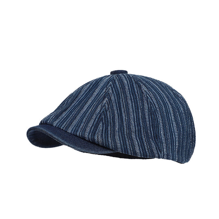 Artist Painter Striped Washed Denim Octagonal Beret Cap - Dark Blue - Adjustable (about 21 5/8"-23 5/8") - image 4