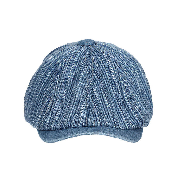 Artist Painter Striped Washed Denim Octagonal Beret Cap - image 1