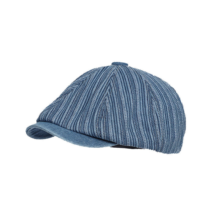 Artist Painter Striped Washed Denim Octagonal Beret Cap - Medium Blue - Adjustable (about 21 5/8"-23 5/8") - image 0