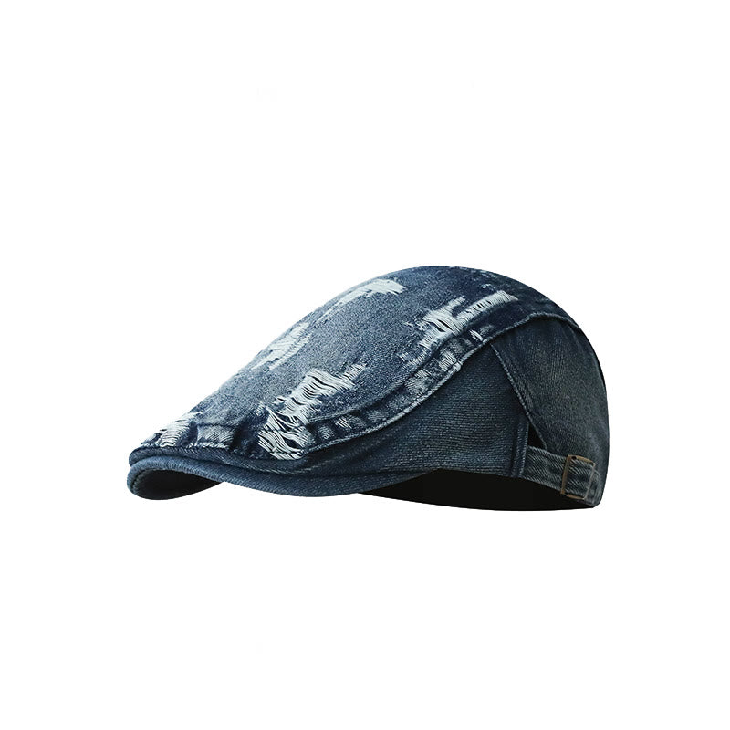Ripped Washed Denim Newsboy Flat Cap Beret Cap - Dark Blue - Adjustable (about 21 5/8"-23 1/4") - image 0