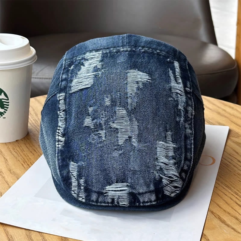 Ripped Washed Denim Newsboy Flat Cap Beret Cap - image 2