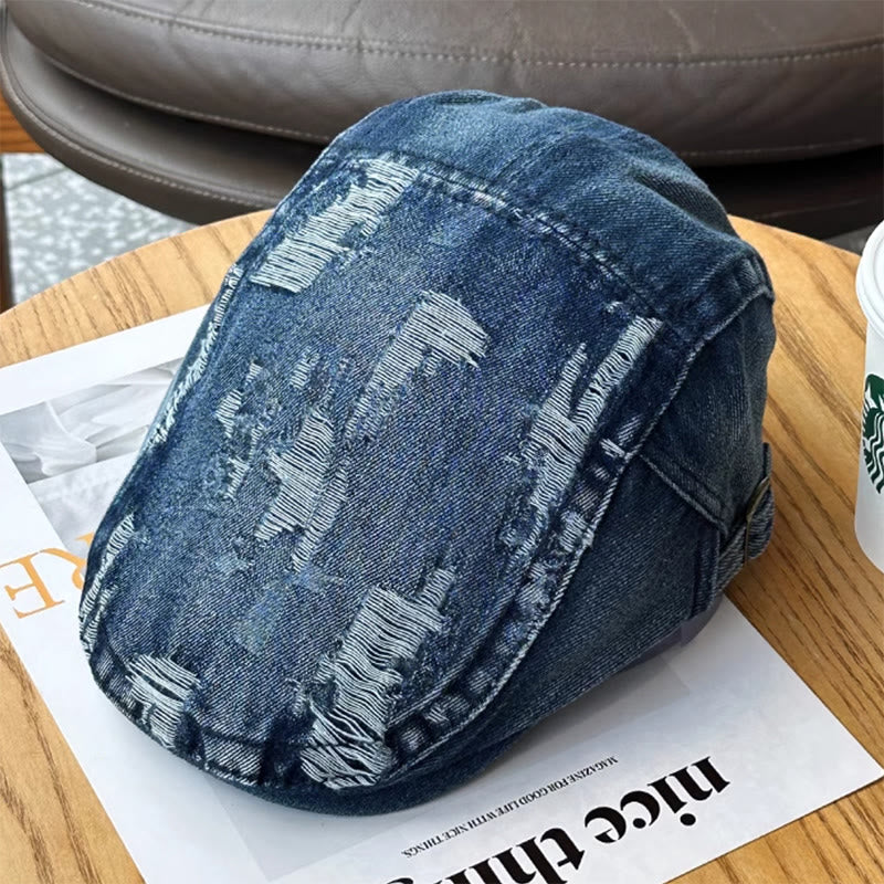 Ripped Washed Denim Newsboy Flat Cap Beret Cap - image 1