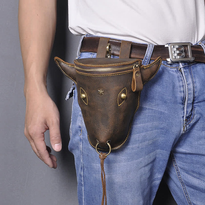 Genuine Crazy Horse Leather Cow Head Belt Bag - Coffee - image 0