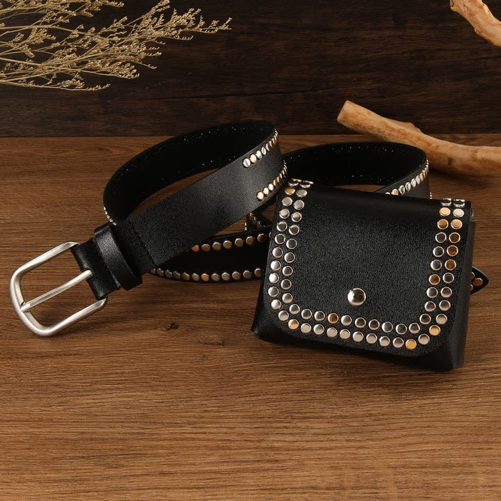 2Pcs Women's Punk Rivet Black Leather Belt With Belt Bag - image 3