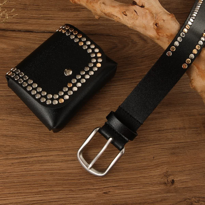 2Pcs Women's Punk Rivet Black Leather Belt With Belt Bag