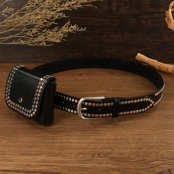 2Pcs Women's Punk Rivet Black Leather Belt With Belt Bag - image 1