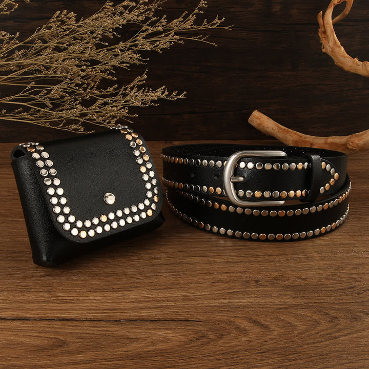 2Pcs Women's Punk Rivet Black Leather Belt With Belt Bag - Black - 40 - image 0