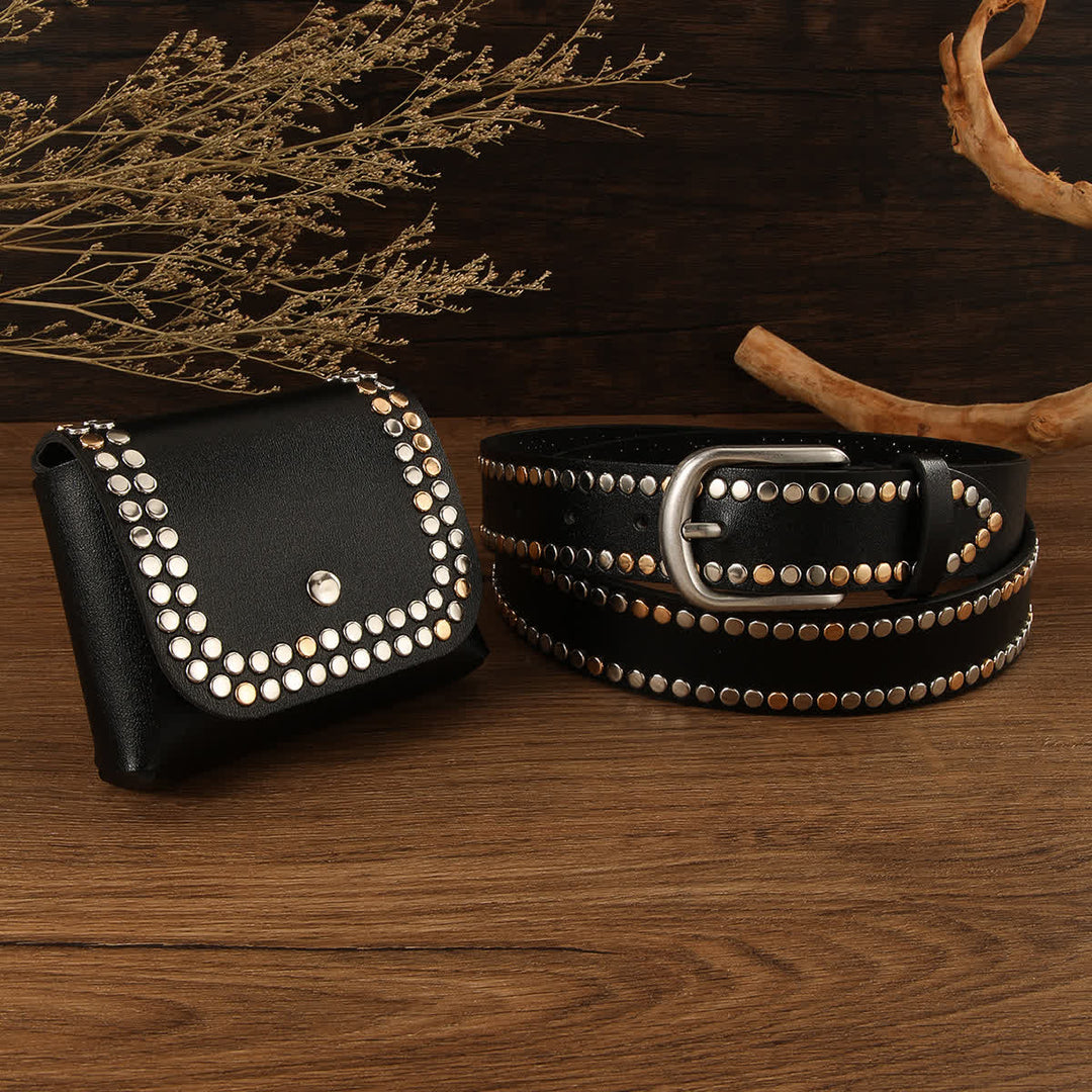 2Pcs Women's Punk Rivet Black Leather Belt With Belt Bag - Black - 40 - image 0