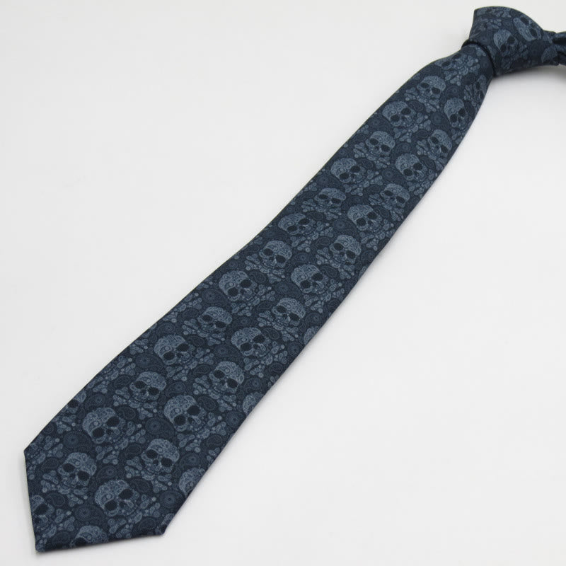 Men's Gray Skull Head Floral Pattern Necktie - image 1