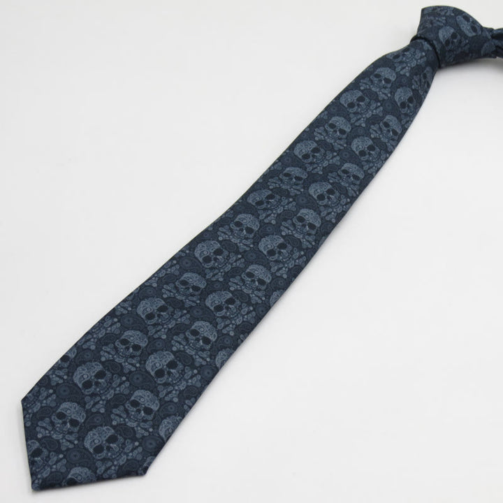 Men's Gray Skull Head Floral Pattern Necktie - image 1