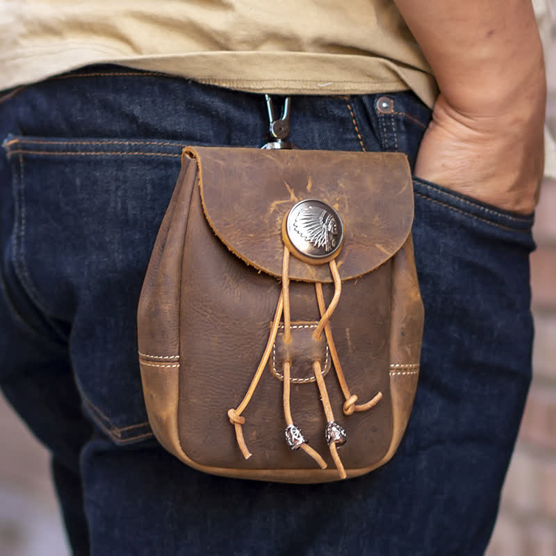 Indian Style Small Wallet Drawstring Crazy Horse Leather Belt Bag - image 0