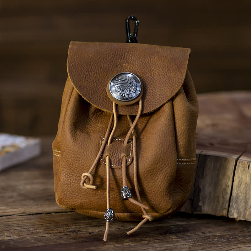 Indian Style Small Wallet Drawstring Crazy Horse Leather Belt Bag - Yellowish-Brown - image 3