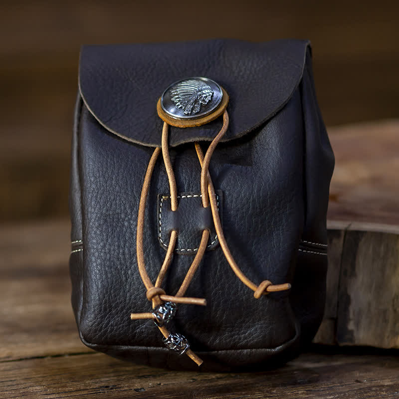 Indian Style Small Wallet Drawstring Crazy Horse Leather Belt Bag - Dark Coffee - image 11