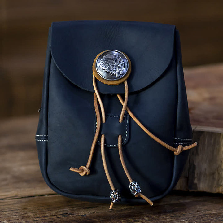 Indian Style Small Wallet Drawstring Crazy Horse Leather Belt Bag - Black - image 9