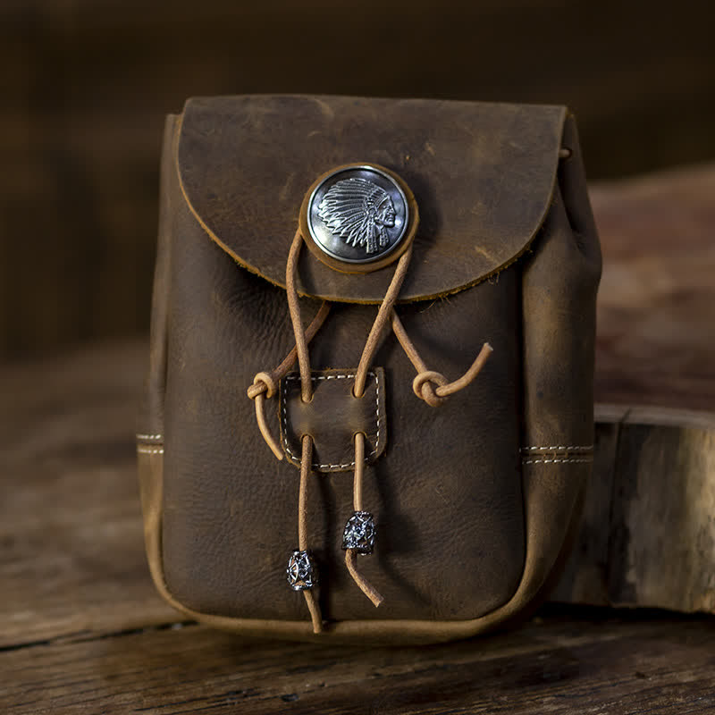 Indian Style Small Wallet Drawstring Crazy Horse Leather Belt Bag - Dark Brown - image 1